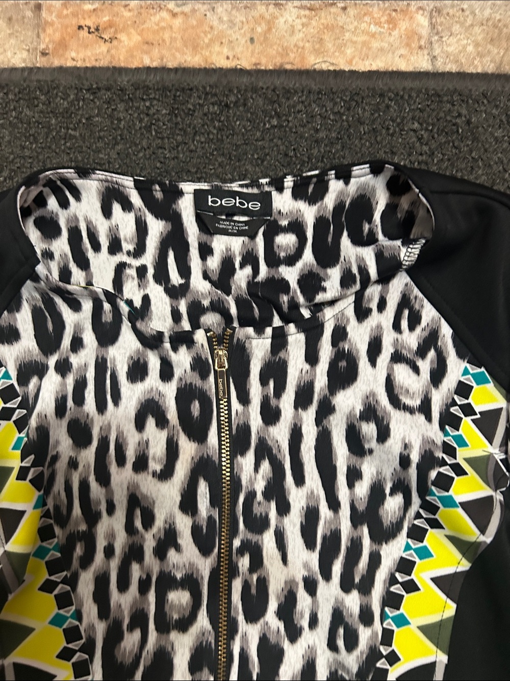 bebe Black & White Leopard Print Jacket with Neon Trim with stretch